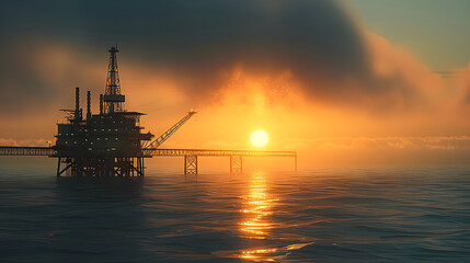 offshore oil platform silhouette, sunset reflection on water, energy industry, industrial backdrop, environmental impact, commercial viability, versatile design, marketing potential