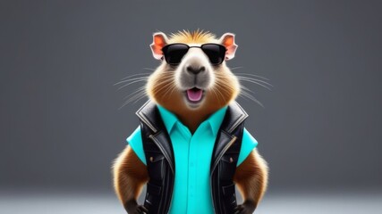 Large portrait of capybara in stylish green shirt and black leather vest, fashionable sunglasses on monotonous gray background. Creative concept for an advertising banner. Copy space