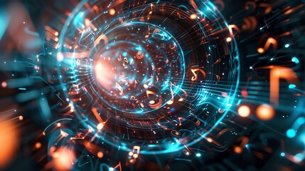 Obraz premium Abstract digital sound wave and music note visualization, showcasing dynamic swirling patterns in blue and orange hues.