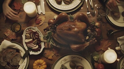 A roasted turkey sits at the center of a table, surrounded by other dishes and candles.