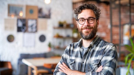 Obraz premium A man with a beard and glasses stands in a modern office space with his arms crossed
