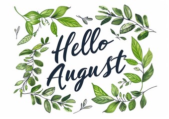 "Hello August", hand lettering, black text on white background with green leaves, simple design, cute font Generative AI
