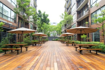 Fototapeta premium Spacious urban park with wooden walkways and seating areas, offering a peaceful retreat in the city.
