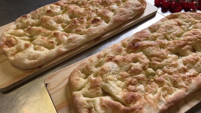 Focaccia with extra virgin olive oil on wooden chopping board, typical flat bread of Genoa or pinsa romana or schiacciata toscana, slide shot in top view