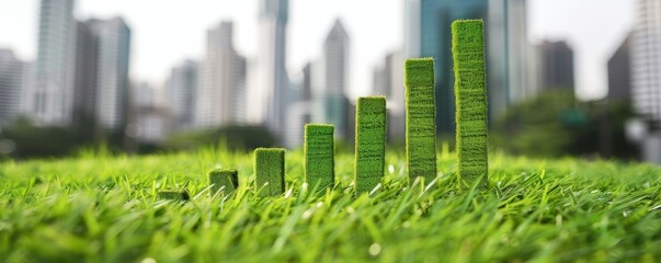 Green grassy bar chart in a city park, concept of ecological growth and sustainability