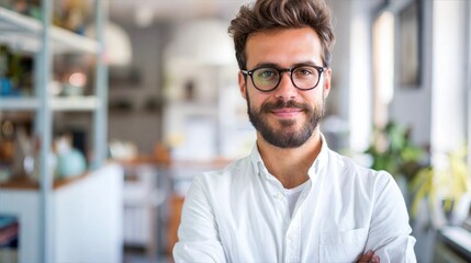A young man with a beard and glasses smiles confidently while standing in a modern office space