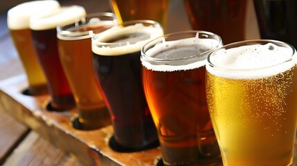 A flight of beers with different colors and types, ready to be enjoyed.