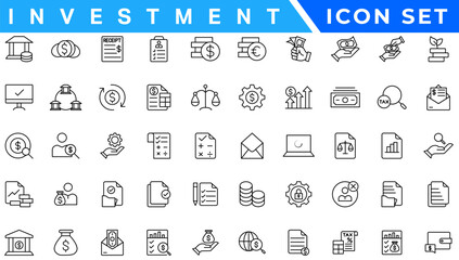 Investment Set of line icons related to accounting, audit, and taxes. Outline icon collection. Business symbols. Income set. Containing money, tax, earnings, payment,, work, pension, and wages icons
