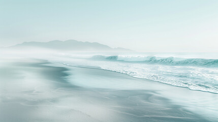 Fototapeta premium Serene beach scene with soft sand and gentle waves in pastel tones.