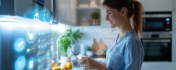 Woman using futuristic smart kitchen technology for cooking