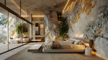 Modern Bedroom with Stone Wall and Large Windows