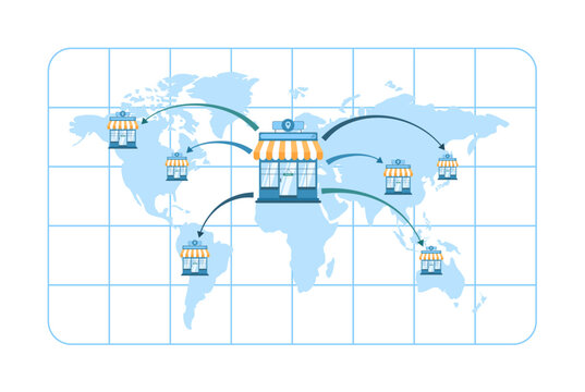 Global franchise expansion concept with stores linked across a world map, symbolizing international business growth. Visual elements include storefronts and connecting arrows vector illustration.
