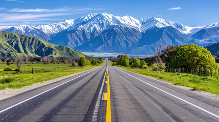 Naklejka premium Endless Road Leading to Majestic Snow-Capped Mountains Under Clear Blue Sky