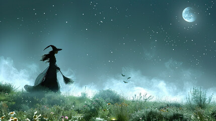 Fototapeta premium Mysterious Witch Silhouette on a Moonlit Night with Stars