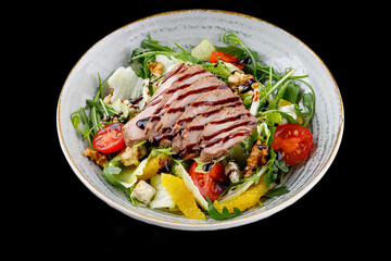Duck Salad with Teriyaki Sauce on Black Background for Food Delivery Menu