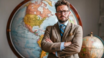 A man stands with arms crossed in front of a large world globe