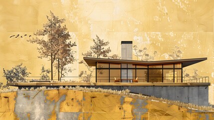 Modern House on Cliffside with Golden Sunset