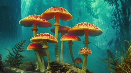 Fototapeta premium A cluster of vibrant red and golden mushrooms perched atop a verdant, dense forest brimming with abundant flora