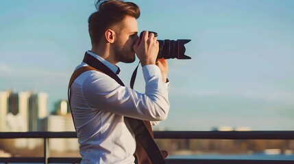 Obraz premium A young man in a white shirt takes a picture with a professional camera.