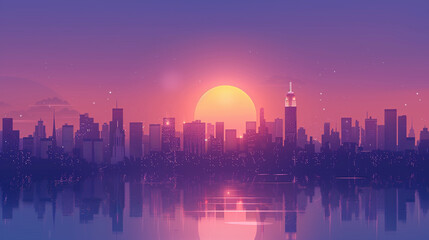Elegant city skyline at dusk, with silhouetted buildings in a refined illustration.


