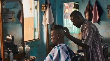 A barber cuts the hair of a young man in a barbershop.