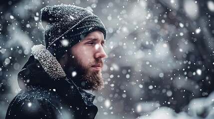 A man in a winter hat and coat stands in the snow.