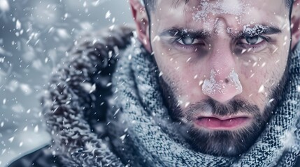 Close-up of a man's face covered in snow, looking directly at the camera.