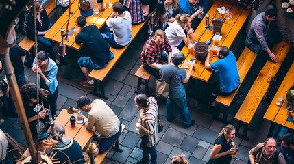 A group of people enjoy a drink and conversation at a bustling outdoor beer garden.