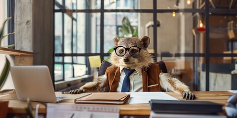 A raccoon wearing glasses and a vest, surrounded by office supplies, working at a desk in a modern office.