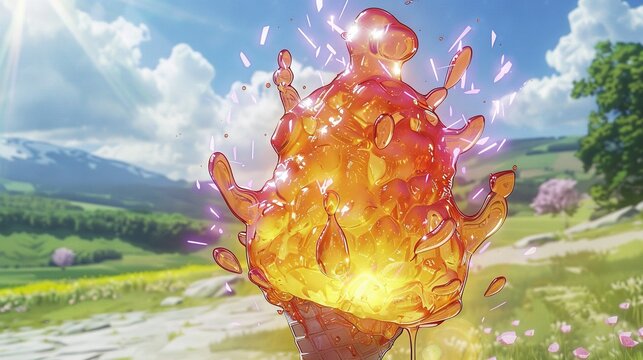   Ice Cream Cone with Fire - A field of vibrant flowers surrounds a scoop of creamy goodness atop a waffle-like cone Fire eru
