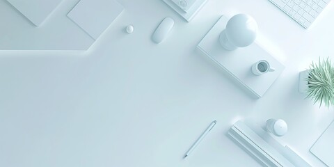A minimalistic white workspace featuring neatly organized tech items and a touch of greenery, promoting a clean aesthetic.