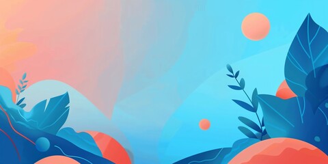 A dreamy abstract depiction of a landscape with blue foliage, orange sun, and stylized mountains against a serene sky.