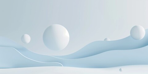 A minimalist scene featuring white spheres floating above gentle pastel blue waves, evoking a sense of calm and tranquility.