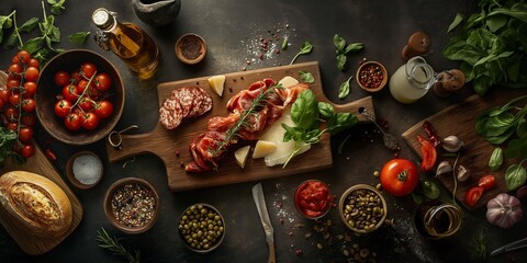 An elegant charcuterie board displaying a variety of cured meats, cheeses, and fresh herbs, perfect for entertaining.