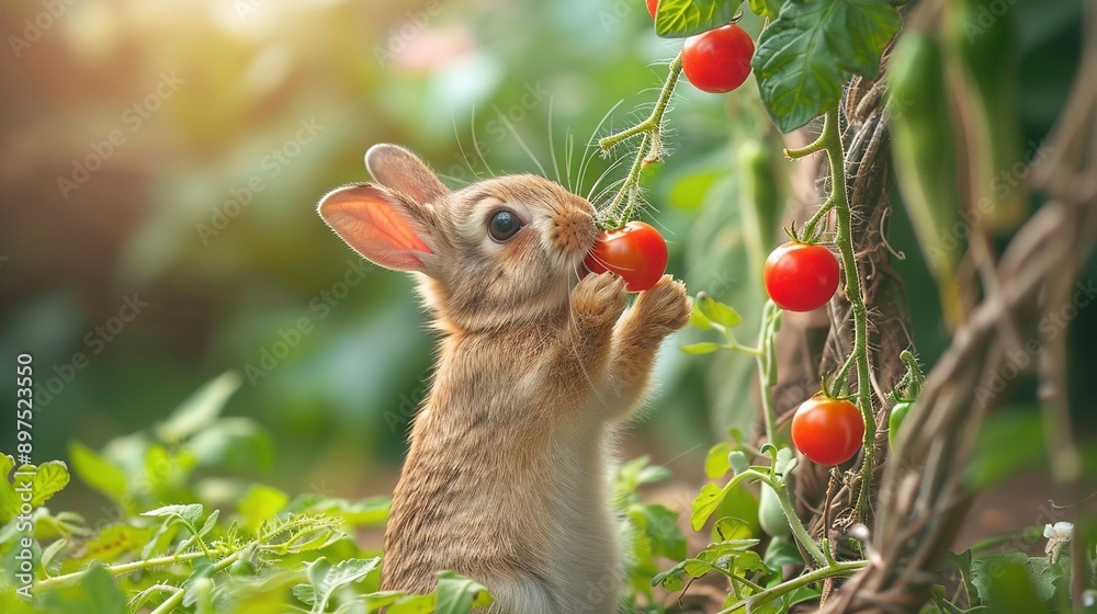 Poster a small rabbit reaches upward to pluck tomatoes from a vine using its front paws, with wide-open eye