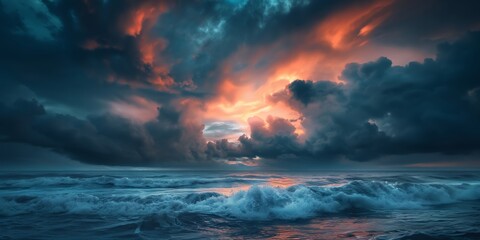 Fototapeta premium Dramatic ocean waves crashing under a stormy sky with glowing clouds, evoking power, awe, and contemplation.