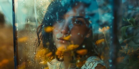 An artistic scene featuring a person behind a glass pane with raindrops, surrounded by out-of-focus flowers and lights.