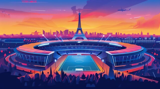 Paris 2024 sports arenas, flat , minimalist style, clean lines, vibrant colors