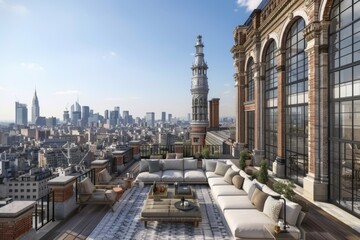 Obraz premium Luxurious rooftop lounge with panoramic city skyline views, stylish furniture, and inviting atmosphere, perfect for an elegant urban escape.