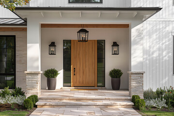 A front door detail of a white modern farmhouse with a wooden front door and a covered porch.