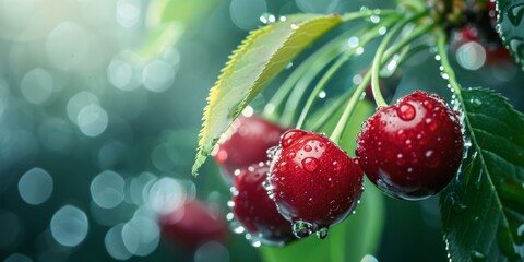 Fresh red cherries with water droplets on a tree branch, portraying a rich harvest in the natural environment