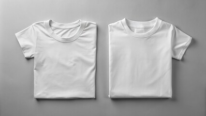 A blank white T-shirt lies flat on a plain surface, displaying the front and back sides with folded sleeves and a crisp, ironed appearance.