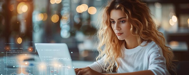 Young woman working on laptop in modern office with data graphics overlay