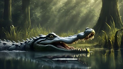 Alligator with open jaws in swamp light breaking through trees