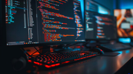 computer desk with multiple monitors displaying code, representing the software development process in high end gaming advertising