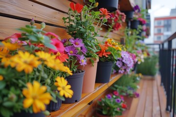 Fototapeta premium Rustic garden shelf with colorful potted flowers, creating a vibrant and charming outdoor decor element.