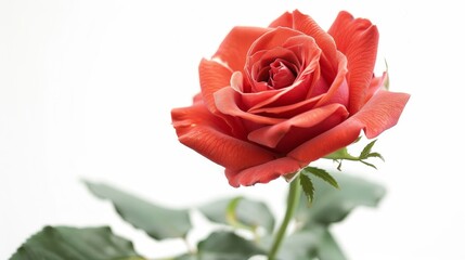 A professional photograph of a classic red rose in full bloom, shot with a DSLR camera and softbox lighting, set against a plain white background.