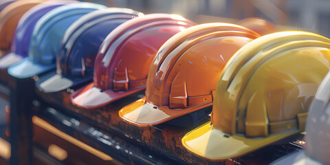 Safety Construction helmet on Table, Hard Cap, Construction Site Blur Background. GENERATIVE AI
