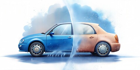 A car in a car wash - jets of water and soap foam.