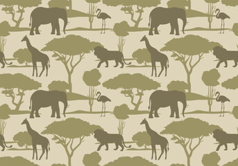 Savannah seamless pattern. African safari repetitive illustration. Wildlife and wild animal silhouette background. Simple and elegant wallpaper art.